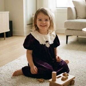 Rare Editions Girls Vintage Velvet Dress Purple Lace Puffy Sleeves - Size 4T